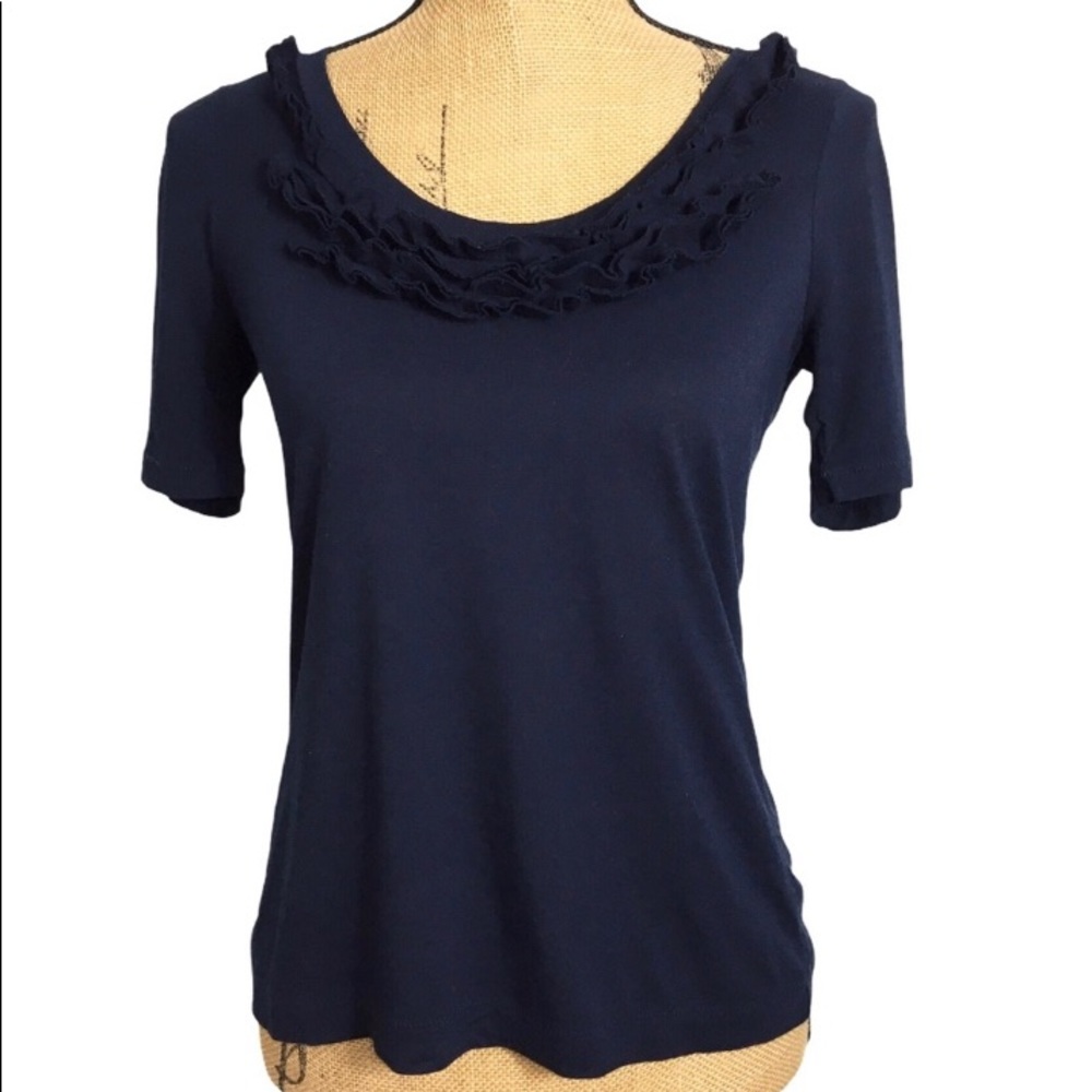 Loft Navy Blue Casual Summer Vacation Ruffled Detail Top SP